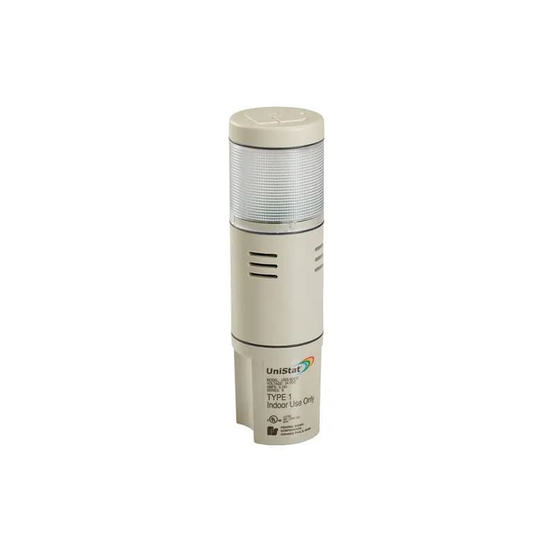 UniStat LED Status Indicator With Sounder, 24VDC, Tri-Color (Amber, Green and Red) - Available in 24VDC and 120VAC. Tri- or quad-color models. 50,000 hour vibration resistant LED light source. Available with built-in sounder (Model USIS). Surface mount and integrated 3/4-inch NPT pipe mount. PLC compatible. Indoor use only. Type 4X, IP66 enclosure. Type 1 with sounder, 60 dBa at 10 feet. UL and cUL Listed.