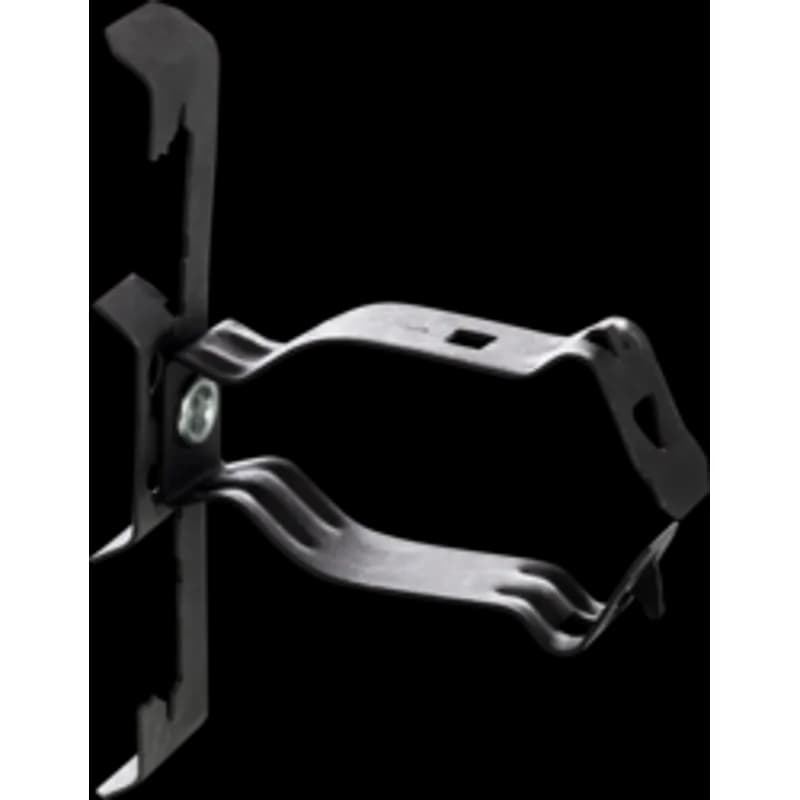 Multi-Function Clip Assemblies that attach conduit and boxes to flanges, wire, or rod. Made of spring steel with a zinc phosphate finish and black color. Fits conduit sizes 1/2", 3/4", and 1". Includes mounting holes with 10-24 and 1/4"-20 thread impressions.