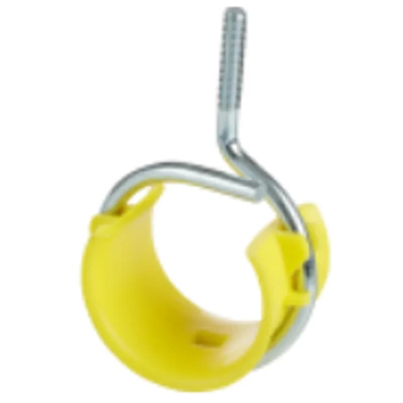 Bridle ring with a plastic saddle for supporting low-voltage (datacom) cable. It is made of steel with a zinc plated finish and silver color. The ring size is 4" diameter, with 0.213" thickness and 1/4"-20 thread impression. It has a load rating of 50 and a fill capacity of 125 CAT5/CAT6 cables.