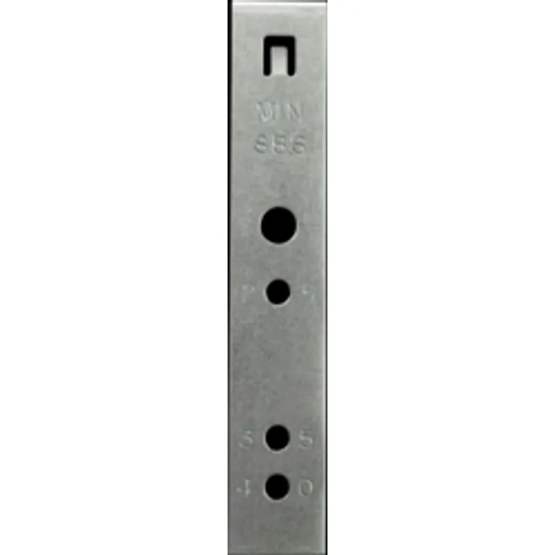 Adjustable far-side box stabilizer for electrical boxes. It clips on electrical boxes for additional support and is made of spring steel. The trade size is for 2-1/2" thru 4" metal studs, and the color is black.