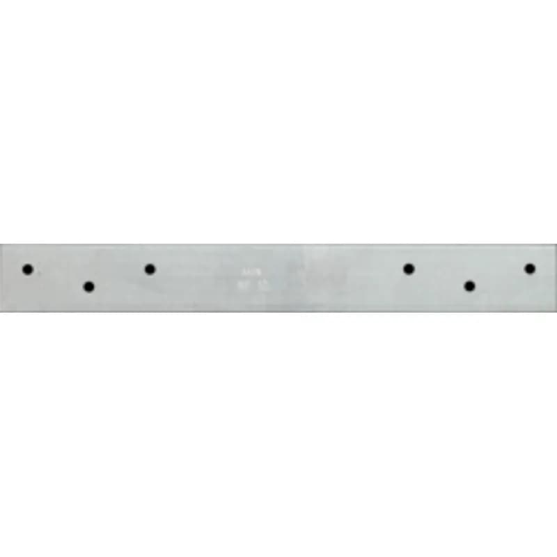 A screw-on nail plate for wire protection. It is made of steel with a silver finish and has 6 holes. The plate measures 12" long by 1-1/2" wide and is 1/16" thick (16 gauge).