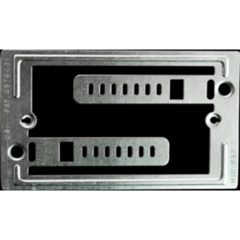 A mounting bracket for standard low voltage plates. It is made of steel with a pre-galvanized finish. The bracket is rectangular, stamped, and designed for dry wall mounting. Size is 4.23 x 2.48 x 0.06.