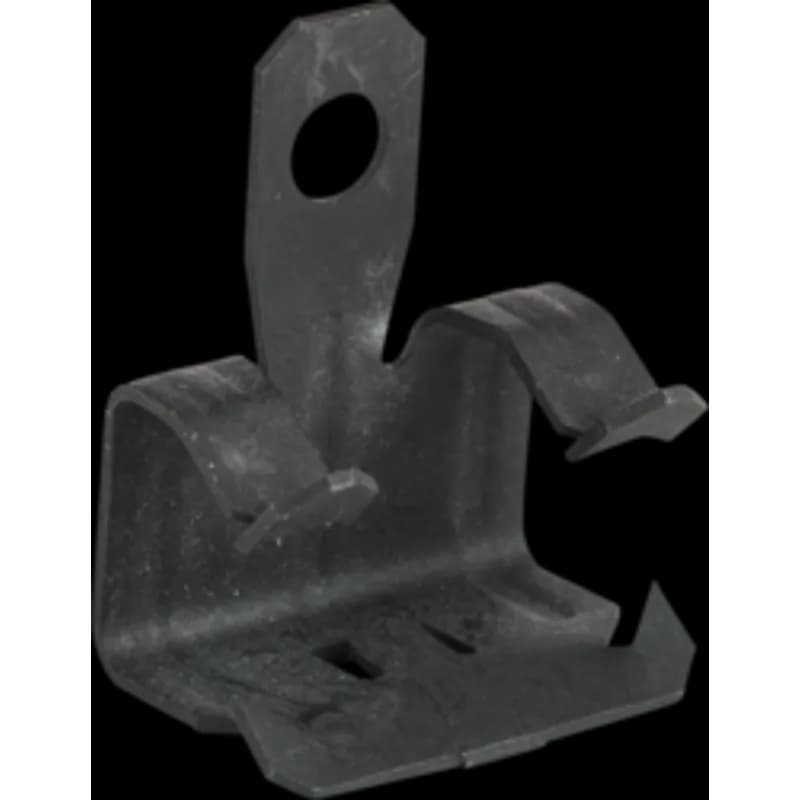 Side Mount Flange Clamp for use on 9/16 to 3/4 inch flanges. It is made of spring steel with a zinc phosphate and oil finish. The clamp has one 1/4 inch mounting hole and a load rating of 200 lbs.