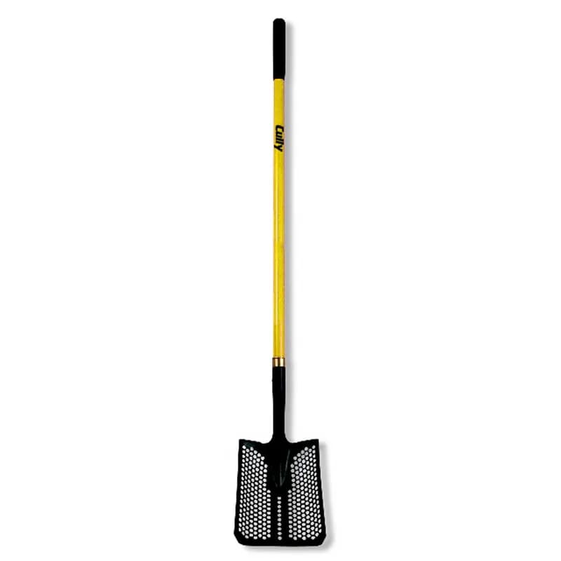 Minerallac Company 37161 - A size #2 mud shovel with a square point blade. It has a 47-inch fiberglass handle and a steel blade. The blade is hollow back, with an 11-1/4-inch blade length and 8-3/4-inch blade width.