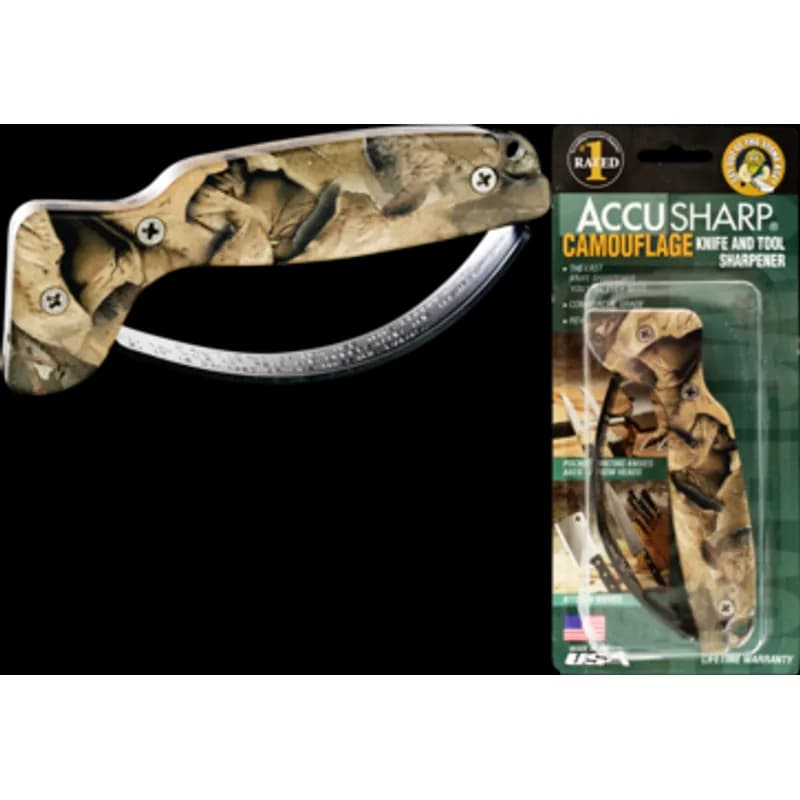 Minerallac Company 37400C - A handheld knife sharpener for sharpening knives, shovels, garden tools, and axes. It is made of plastic and has a camouflage finish. The sharpener measures 5-1/2 inches long, 11/16 inch wide, and 2-1/4 inches high.