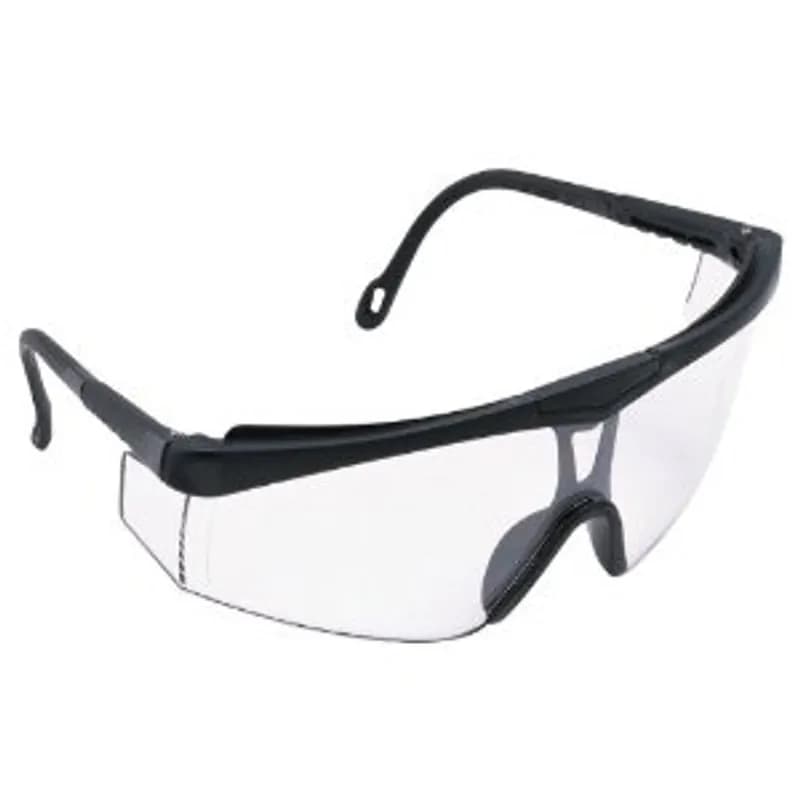 Safety eyewear with a clear anti-fog lens. It has a durable black nylon frame and "Cudaside" adjustable-length temples for individual fit with five length options. The lens curve provides peripheral vision and protection, and the lenses offer 99.9% UV protection.