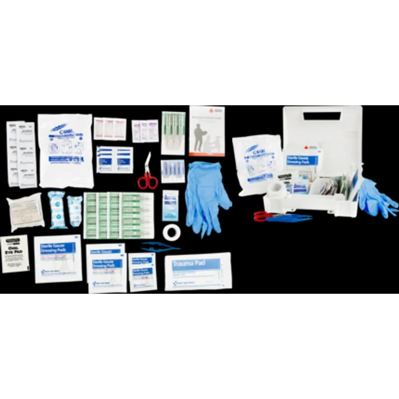 Minerallac Company 23298 - First aid kit for 10 people that meets federal OSHA requirements 1910.151b. It comes in a water-resistant plastic case and is described as an all-purpose weatherproof kit for treating minor wounds and injuries. The kit size is 9" x 8.375" x 2.5" and it includes 81 pieces.