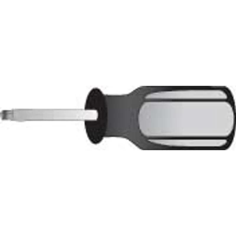A stubby square drive screwdriver with a 3.000" overall length. It has a #2 tip size and a square drive tip type. The handle is engineered plastic, the blade material is steel, and the shank is round with a 1.000" length.