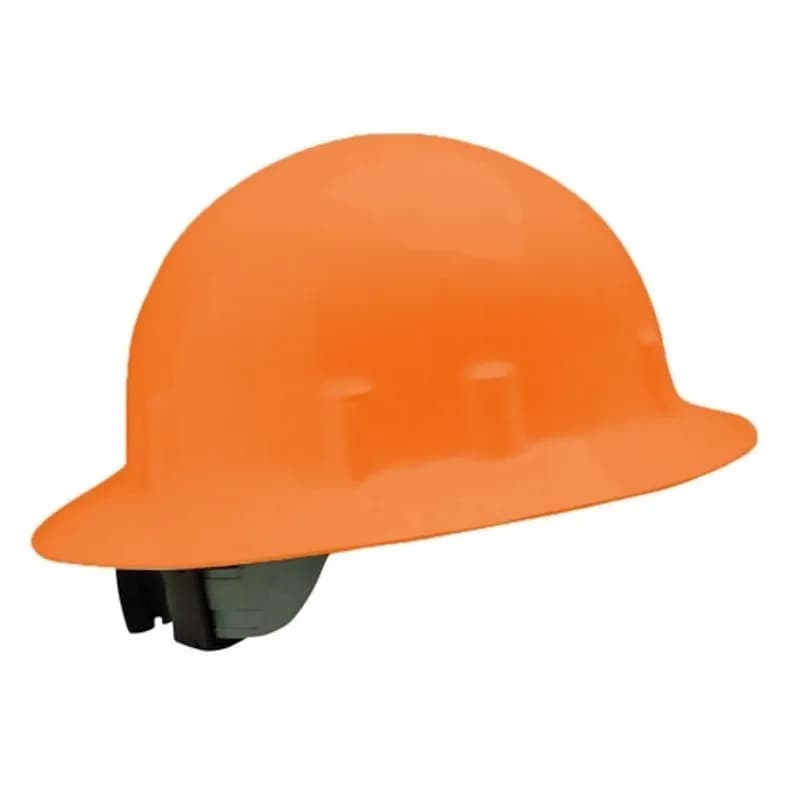 Minerallac Company 29422 - Blockhead hard hat with ratcheting suspension designed for all-day use. It has an orange shell and a wide brim with a unique smooth dome design. The hat size is one size fits most and it uses an 8-point adjustable ratcheting suspension.