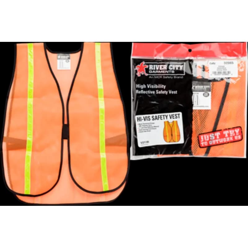 This is a reflective safety vest for construction sites, parking and warehouse applications, or sidewalk maintenance. It is made of mesh material in reflective orange with black cotton binding and elastic side straps. The vest has a hook-and-loop front closure and is sized one size fits most.