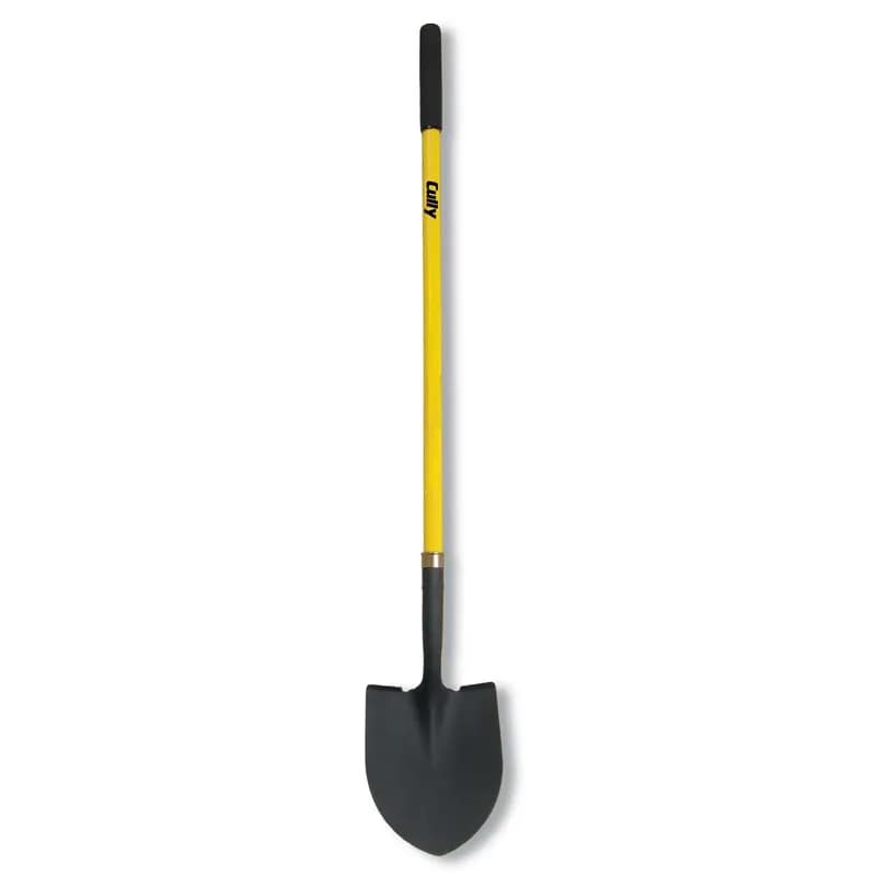 Minerallac Company 37250 - A size #2 round point shovel with a hollow back blade. It has an 11-3/4" steel blade, an 8-7/8" blade width, and a 47" fiberglass handle with a double-dip grip. The sheet states it is intended for light-to-moderate industrial and construction applications.