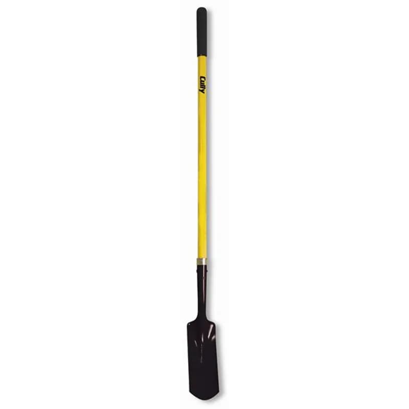 A classic trench shovel with a 4-inch blade width and 12-inch blade length. It has a fiberglass handle that is 48 inches long and a steel hollow back blade. The sheet notes 8-inch Tuffoam double-dip grips designed for industrial applications.