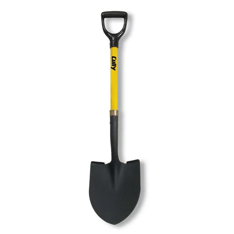 Minerallac Company 37251 - Size #2 round point shovel with a hollow back blade measuring 8-7/8" x 11-3/4". It has a 27" yellow fiberglass handle with a D-grip. The shovel is intended for light-to-moderate industrial and construction applications.