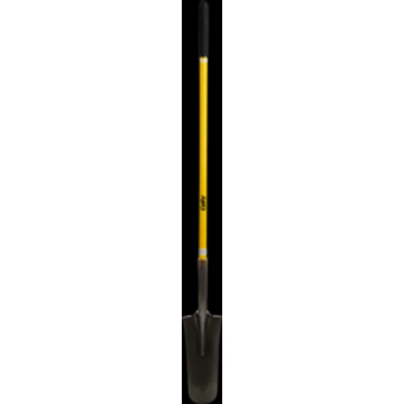 A drain spade shovel with a 14-inch blade and 48-inch fiberglass handle. It has a hollow back blade made of steel. The shovel features 8-inch Tuffoam double-dip grips for industrial applications.