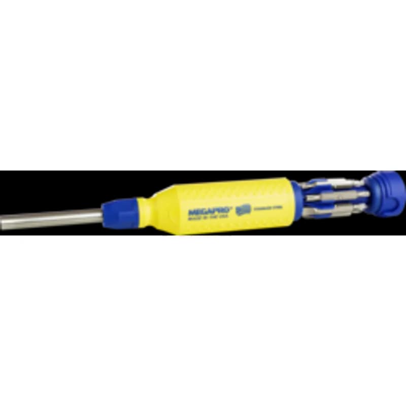 Minerallac Company 37285 - This is a 15 in 1 stainless steel screwdriver with a retractable bit cartridge and canister storage handle. It has a 6 in plastic handle in yellow and blue, a 2-1/2 in stainless shank, and an overall length of 8-5/8 in. The bit set includes Phillips, square drive, slotted, and star sizes for fastening applications.