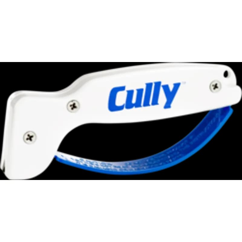 Minerallac Company 37400 - Handheld knife sharpener for sharpening knives, shovels, garden tools, and axes. It is made of plastic and has a white and blue finish. The sharpener measures 5-1/2 in long, 11/16 in wide, and 2-1/4 in high.