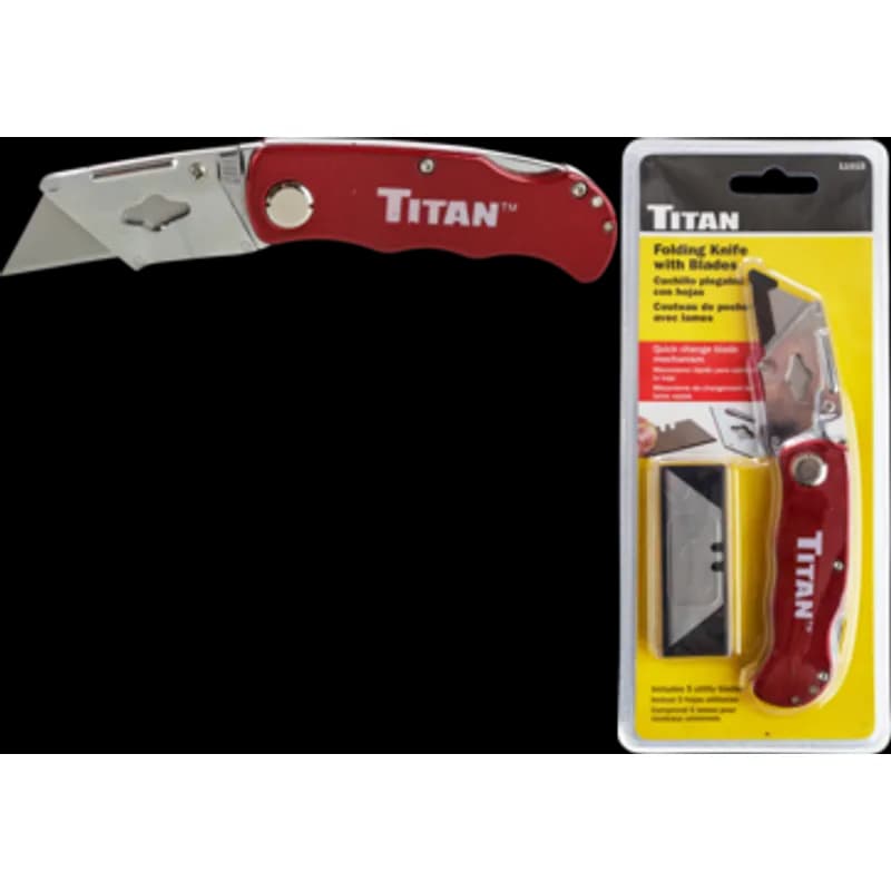 Minerallac Company 37975 - Titan folding pocket utility knife with a steel body and steel handle. It has a red finish, an overall length of 6 inches, and a handle length of 3-1/2 inches. The knife uses utility blades and includes 6 blades; blade length is 1-1/4 inches.