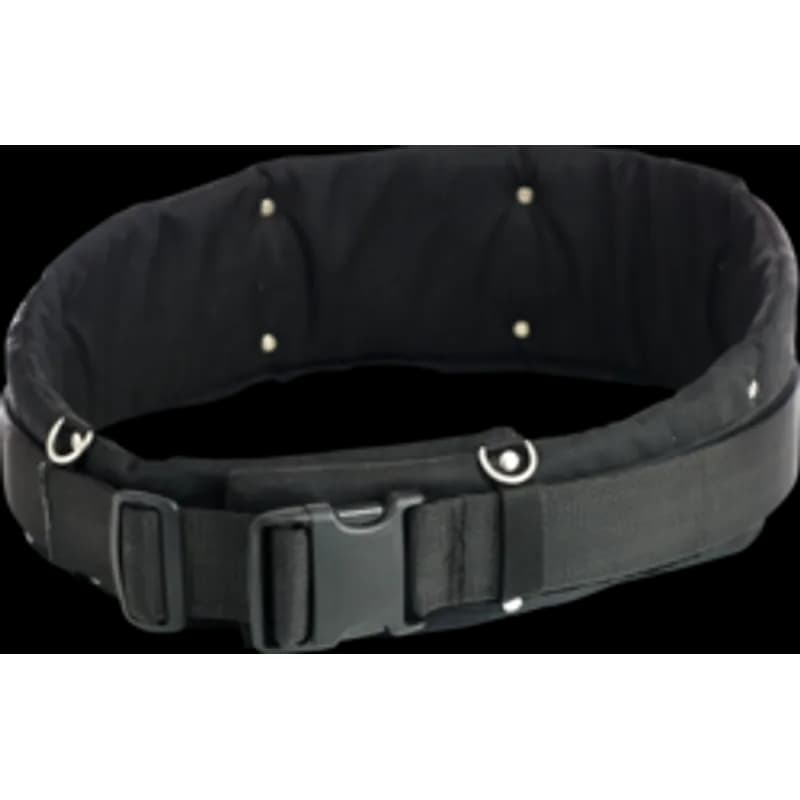 A comfort tool belt with a plastic quick release buckle. It is made of nylon and finished in black. The belt is extra large, fitting 37" to 42" waist sizes, and includes metal loops for suspenders.
