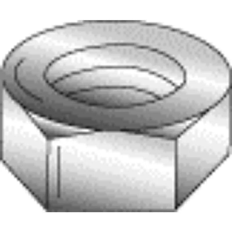 A six-sided internally threaded hexagonal nut designed for use with machine screws. It is made of brass with a copper color finish. The nut is size #10 with 24 TPI coarse, right-hand threads and measures 0.124 in high by 3/8 in wide.