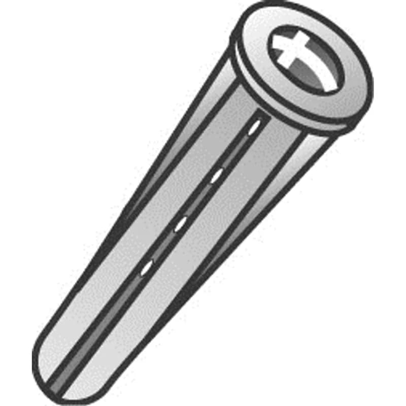 An injection-molded plastic screw anchor with a flanged opening at the top end and a cone-shaped body cupped at the opposite end. It is a light-duty anchor for use in drywall, concrete, and hollow block or brick. The anchor is made of engineered plastic and measures 7/8 in long with a 3/16 in drill size.