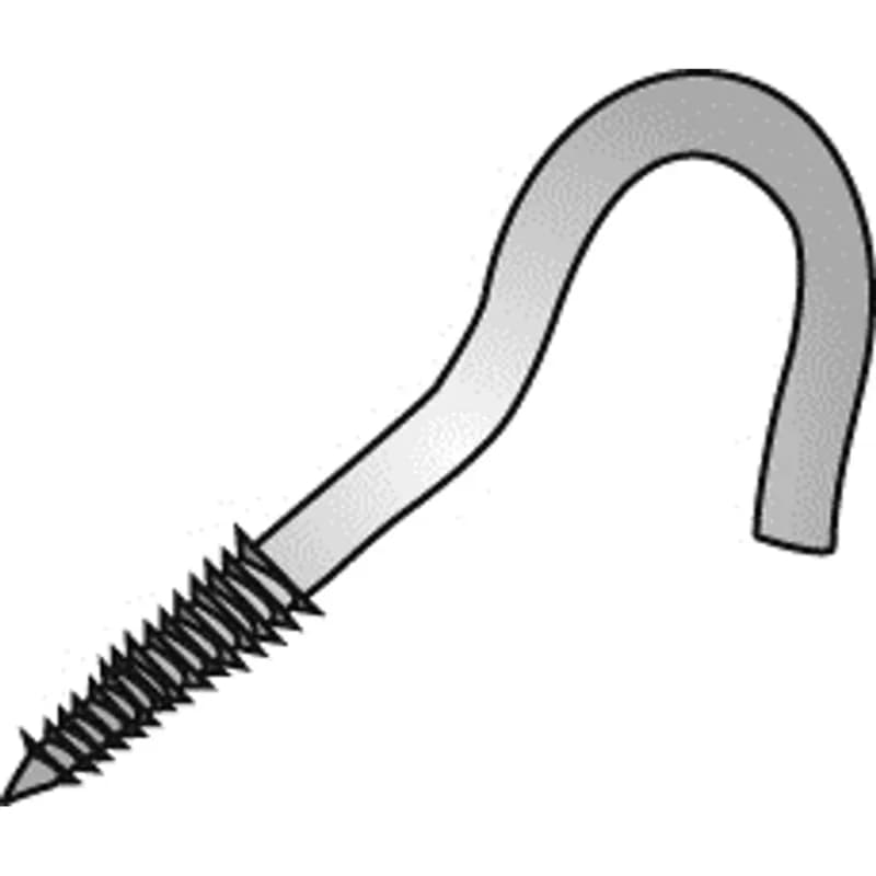 These screw hooks are bolts with a formed open-ended circular eye fashioned into a hook at the non-threaded end and lag threaded screws on the other. They are made of steel and have a silver finish. The overall length is 1-11/16 in and the opening size is 9/32 in.