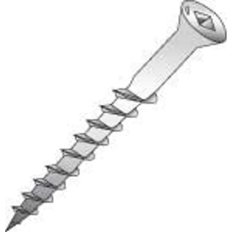 Trim head wood screw made of stainless steel with a silver stainless steel finish. It is size 7 x 1-5/8 in and has a coarse thread with a square drive. The head is trim head style with a 0.245 in diameter and 0.142 in height.