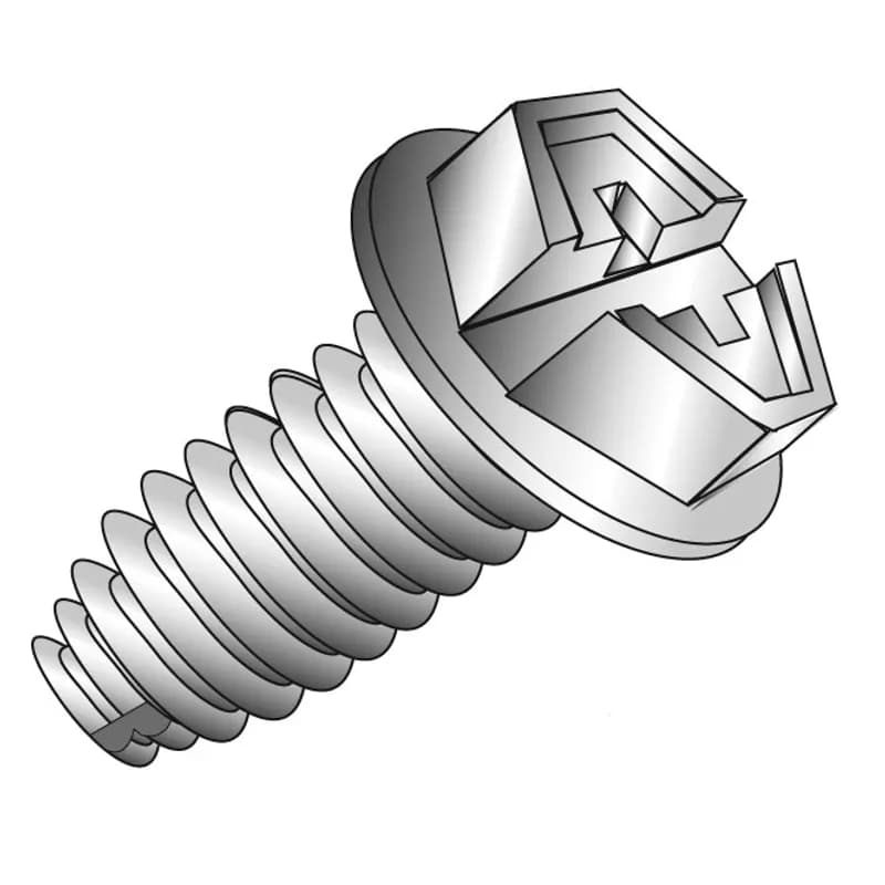 A green grounding screw designed for making ground connections and bonding non-metallic sheathed cables. It is a Type F grounding screw for grounding and metal box applications. The screw is #10-32 x 3/8 in. with a hex washer head slot/Phillips style.