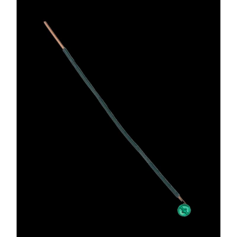 Grounding pigtail with a GSH grounding screw on one end and a 1" strip on the other end. It is insulated and uses a #14 AWG solid bare copper wire lead. The length is 6-1/2" and it is intended for grounding and metal box applications.
