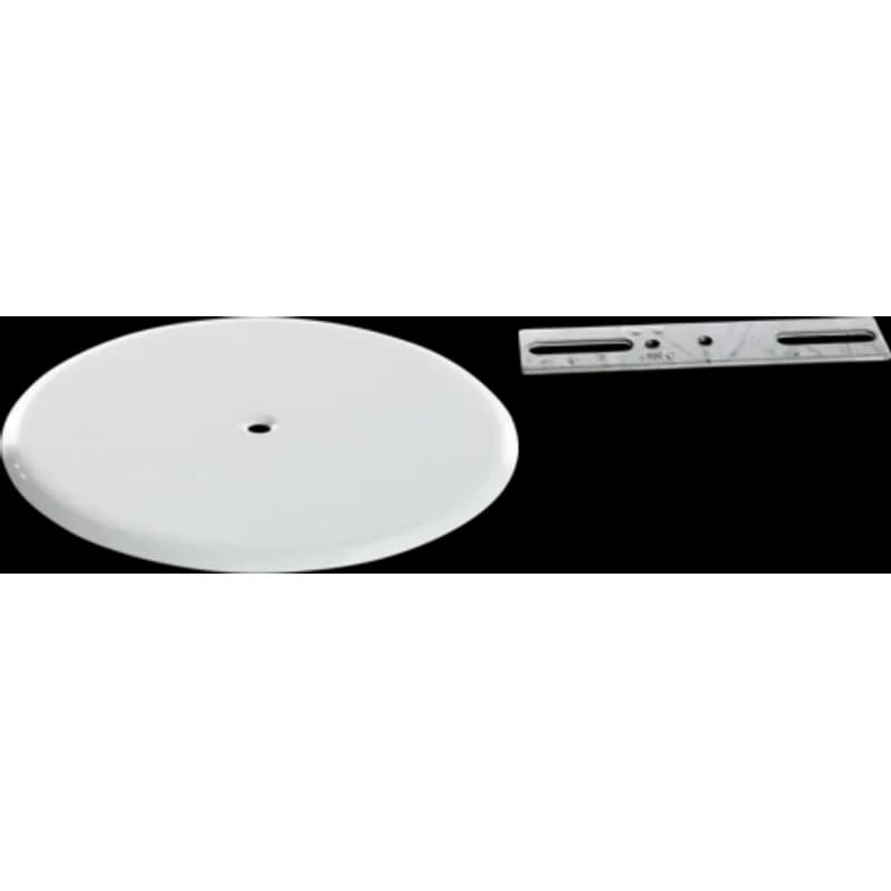A circular ceiling cover plate for use with 3" and 4" outlet boxes. It is made of steel with a painted white finish and stamped construction. The plate measures 5-1/4" long by 5-1/4" wide and 1/4" high. Strap and screw are included for mounting.
