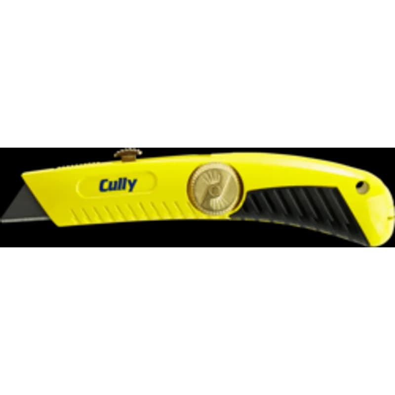 Minerallac Company 90215 - A retractable utility knife with one 2-notch straight blade. It is made of steel with a yellow steel handle. The knife has an overall length of 8", a size of 6-3/4", a blade length of 7/8", and a handle length of 6".