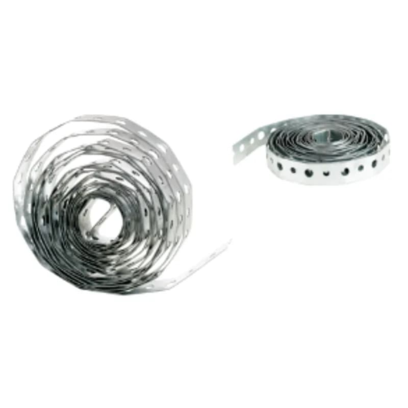 Perforated strap iron plumber's tape for general fastening applications. It is made of galvanized steel with a pre-galvanized finish. The strap measures 3/4 inch wide, 10 feet long, and 28 gauge thick.