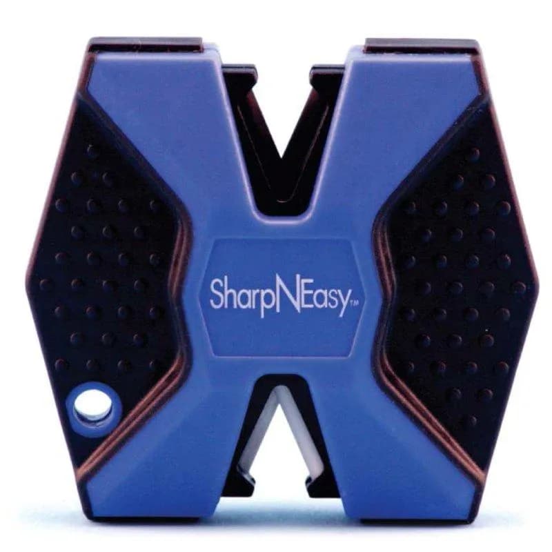 Minerallac Company 37040 - Sharpneasy is a 2-step knife sharpener designed for sharpening knives. It is made of plastic with a blue plastic finish and has a black and blue color scheme. The sharpener measures 2-1/2 in. long, 2-1/2 in. high, and 1 in. thick, with a hexagon shape.