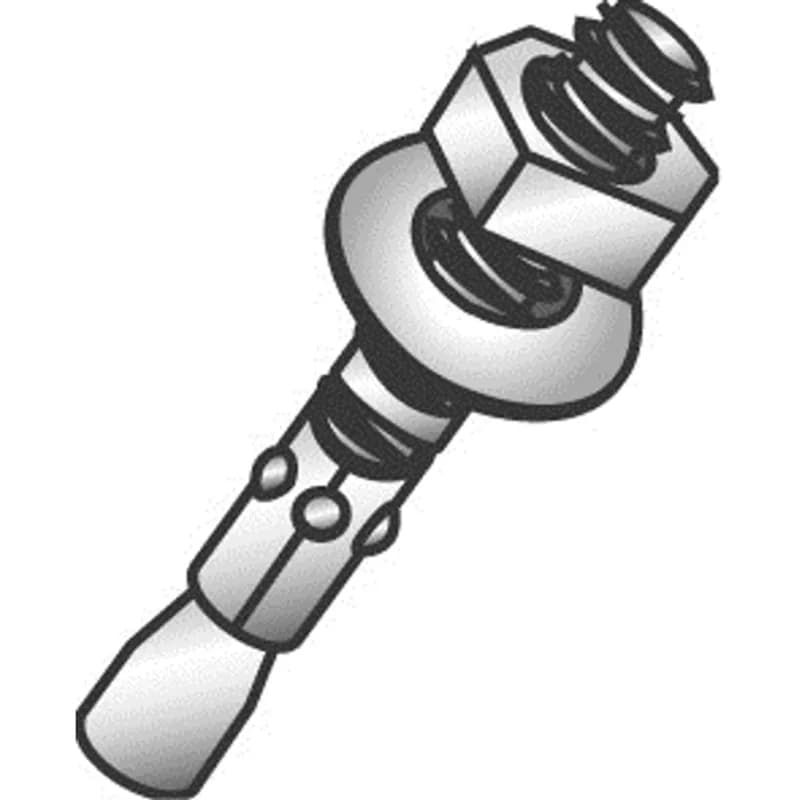A wedge anchor for securing into concrete and stone. It is made of steel with a zinc plated finish. Key dimensions include a 1/2 in diameter, 5-1/2 in length, 2-1/4 in minimum embedment depth, and 7/8 in drill size.