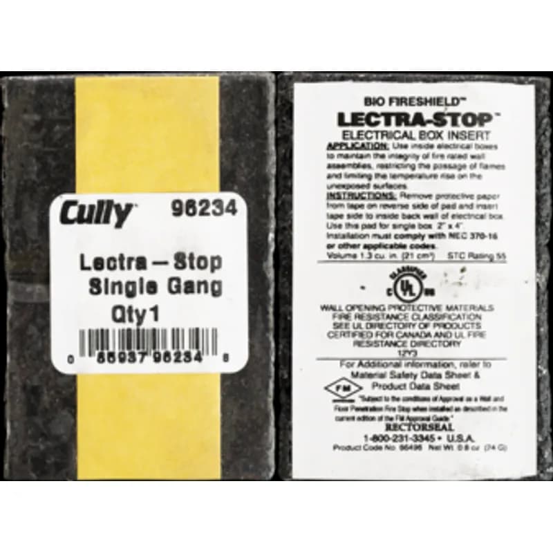 Lectra-Stop™ Single Gang is a fire-rated insert for use with electrical boxes. It is a highly intumescent material that adheres to the inside back wall of an electrical box. The listed size is 1-13/16" x 2-13/16" x 1/4" and the color is white.