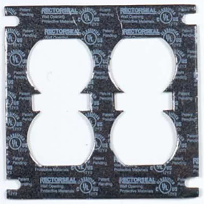 Minerallac Company 96240 - A single-component fire rated gasket for use with electrical boxes in fire rated assemblies. It is mounted on the inside of the cover plate and installed at the same time as the cover plate to cover the opening and provide fire protection. The gasket is silver and sized for a double receptacle; the sheet lists a 5 x 5 x 5 size.