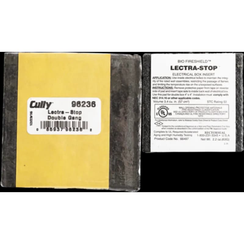 Minerallac Company 96236 - Lectra-Stop™ Double Gang is a single-component fire-rated insert for use with electrical boxes. It is a highly intumescent firestop material that adheres to the inside back wall of an electrical box. The insert is white and sized 3-3/4" x 3-11/16" x 1/4" for double-gang boxes.