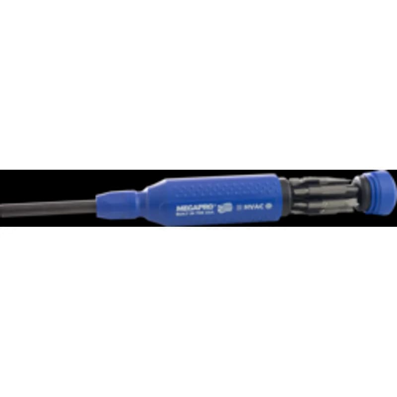 Minerallac Company 37021 - This is a 14-in-1 HVAC screwdriver with Phillips, slotted, and square awl valve stem tip types. It has a blue plastic ergonomic cushion-grip handle and a round shank. The screwdriver is 8-3/4 in. overall length with a 5-3/4 in. handle and 3 in. shank, and it fits 1/4 in. hex insert bits.