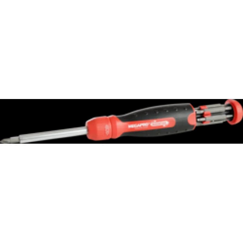 Minerallac Company 37020 - This is a 13-in-1 ratcheting screwdriver with a retractable bit cartridge and a precision 28-tooth ratchet design. It has a plastic ergonomic cushion-grip handle in red and black, with a stainless steel 303 shaft. The overall length is 8-3/4 inches, with a 5-3/4-inch handle, 1-1/2-inch handle diameter, and 3-inch shank length.