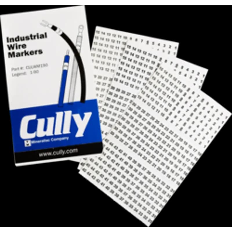 Wire marker book for identifying wire and cable. It is made of vinyl impregnated cloth with a white background color. The sheet lists the marker set as -, /, +, 0-15, A-Z (10 each).