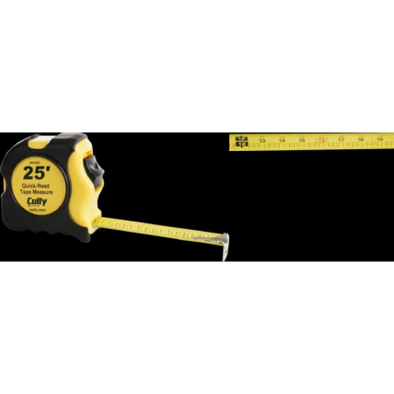 Minerallac Company 86980 - A 25-foot tape measure with a 1-inch width and 1/16-inch graduations. It has a roll-up case with a spring-loaded rewind type. The blade is steel and the blade color is yellow; the case color is black and yellow.