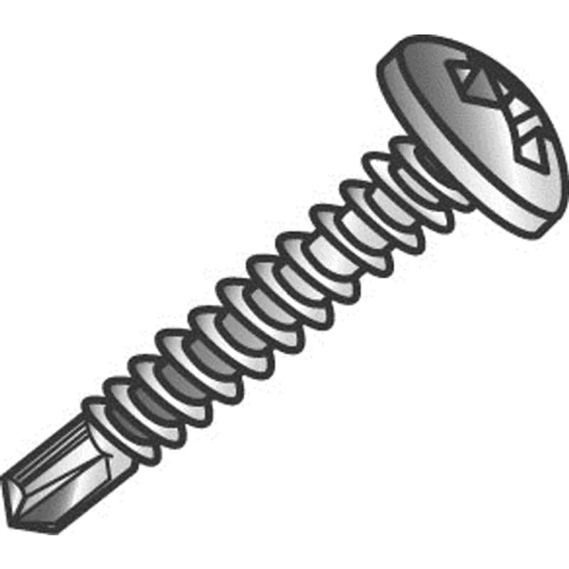 A self-drilling Tek screw with a Type-BSD self-drilling thread and Phillips drive pan head. It is made of steel with a zinc plated finish. The screw is size #10 and 1/2 inch long, with 16 TPI threads.