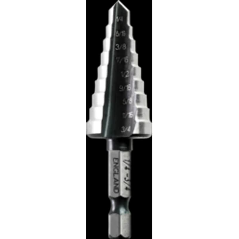 Minerallac Company 86712 - This is a step drill with a 2-flute split tip design. It is made for drilling or enlarging holes in steel, copper, brass, aluminum, Plexiglass, sheet metal, PVC, and plasterboard. The drill has 8 stages and a minimum drill diameter of 1/4" with a maximum drill diameter of 3/4".
