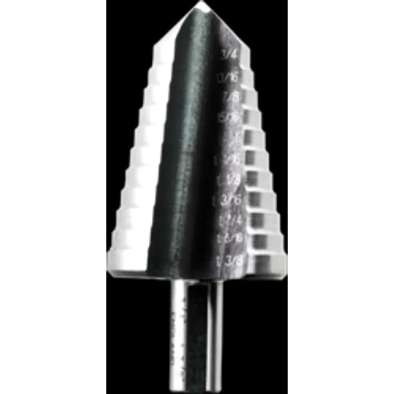 This is a step drill with a 2-flute split tip design. It is made of high speed steel and is used for enlarging holes in steel, copper, brass, aluminum, Plexiglass, sheet metal, PVC, and plasterboard. The drill has a minimum diameter of 1/4 inch and a maximum diameter of 1-1/2 inch. It includes a spiral groove and a trailing flute that automatically deburs holes.