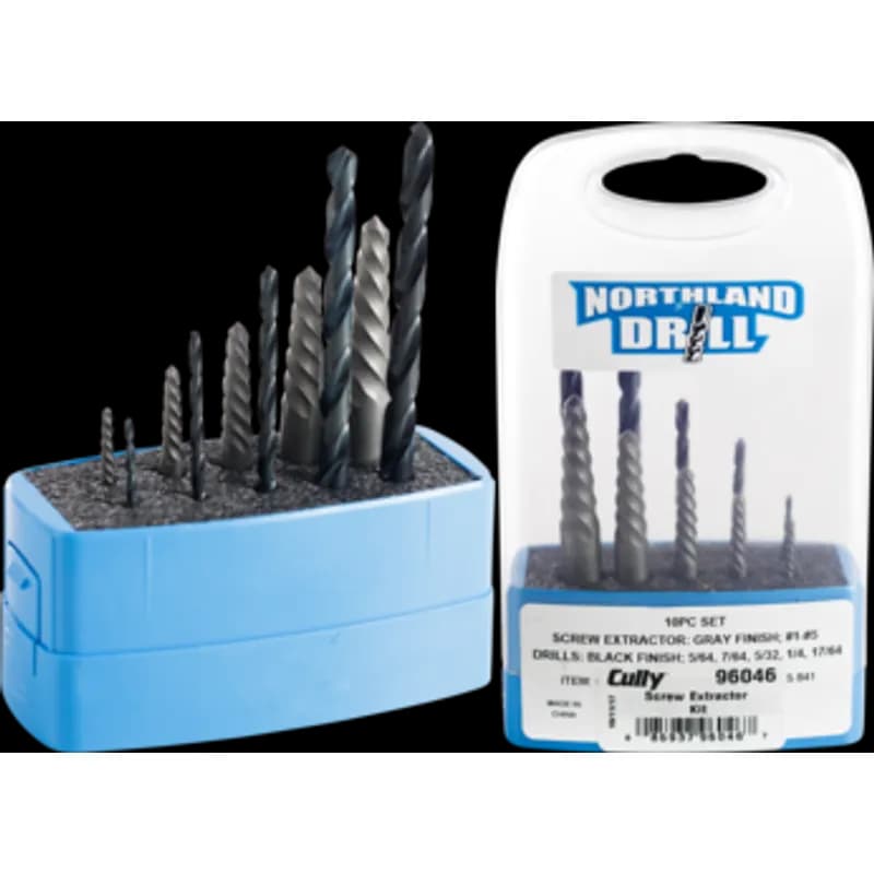 Minerallac Company 96046 - Screw extraction kit for removing broken screws and bolts. It includes 5 sizes of screw extractors and 135° split-point twist drills. The kit is made of carbon steel and high speed steel with a gray finish and black oxide finish.