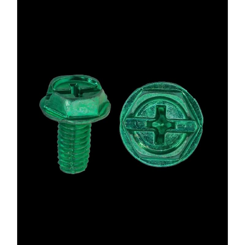 This is a grounding screw with a hex washer head and Type F point. It is sized #10-32 x 3/8 in and is intended for grounding and metal box applications. The sheet identifies it as zinc plated and green.