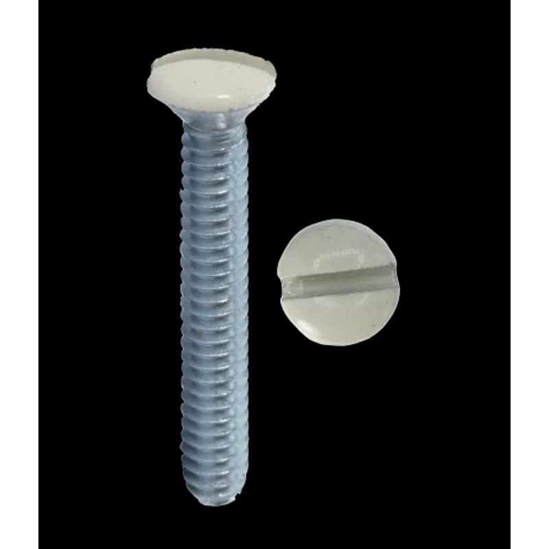 Wall plate screw for installing wall plates or as a replacement screw. It is made of steel with a finished painted ivory oval head. The screw size is 6-32 x 1" with fine threads, a 1/4" head width, and a 1/8" head height.