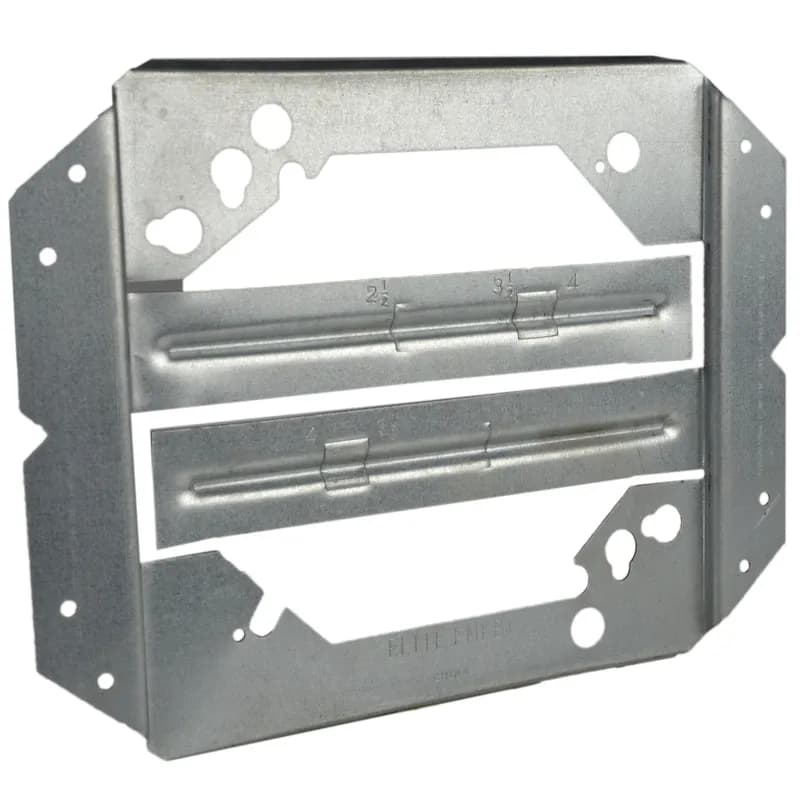 Double sided electrical box mounting bracket for mounting to either side of a stud. It is made of pre galvanized steel with a stamped construction and silver color. Dimensions are 5 in. height, 6-7/8 in. width, and 3/8 in. depth. It is for use with 1-1/2 in. or 2-1/8 in. deep electrical boxes and 4 in. or 4-11/16 in. square boxes, with 2-1/2, 3-1/2, or 4 in. stud depth.