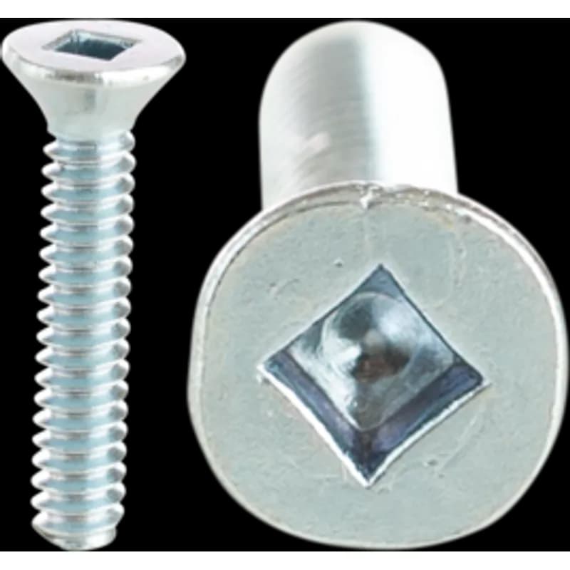 Machine screws for use with a pre-tapped hole or with a nut. They are steel with a zinc plated finish and have a flat head with a square drive. The size is 1/4"-20 and the length is 3/4".