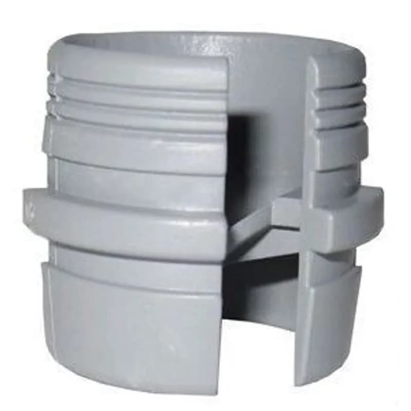 This is a Romex connector with a long body and rounded edges for easier, safer installations. It is made of plastic with a gray finish and is intended for use in confined and tight areas. The sheet lists a 1/2" trade size, 2-5/8" length, 1-3/8" thread length, and 1/4"-20 National Coarse thread type.