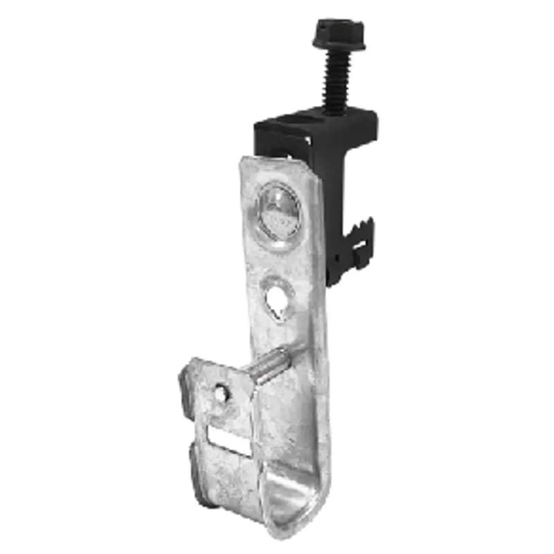 Beam clamp with J hook for cable and wire applications. It is made of steel and spring steel with a pre-galvanized, zinc phosphate and oil finish. The listed size is H 4-3/8 in x W 7/8 in x D 2-1/4 in. Color is silver/black.